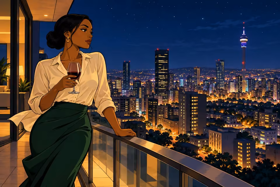 Claire holds a glass of wine on a balcony overlooking Johannesburg.