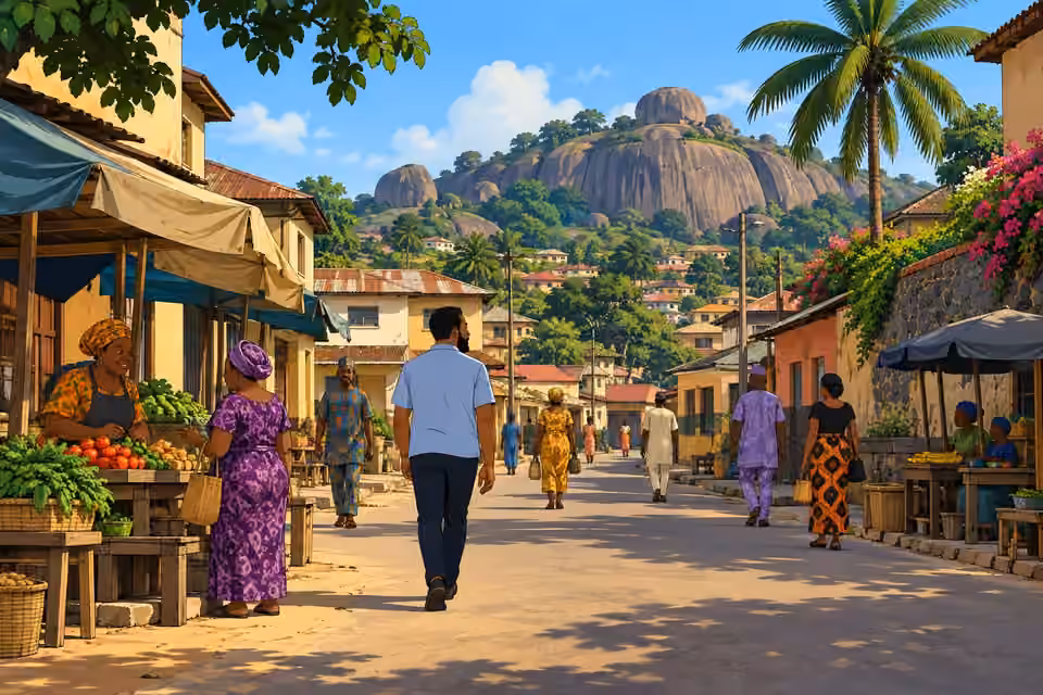 Marcus blends into a quiet Abeokuta street beneath distant granite hills.