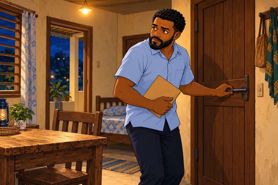 Marcus brings the envelope inside and bolts the door.