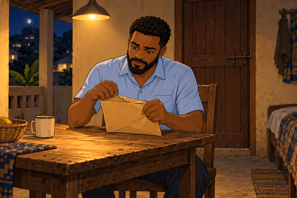 Marcus hesitates before opening the envelope.