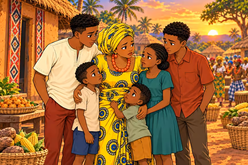 Nneka gathers her children as sunset approaches.