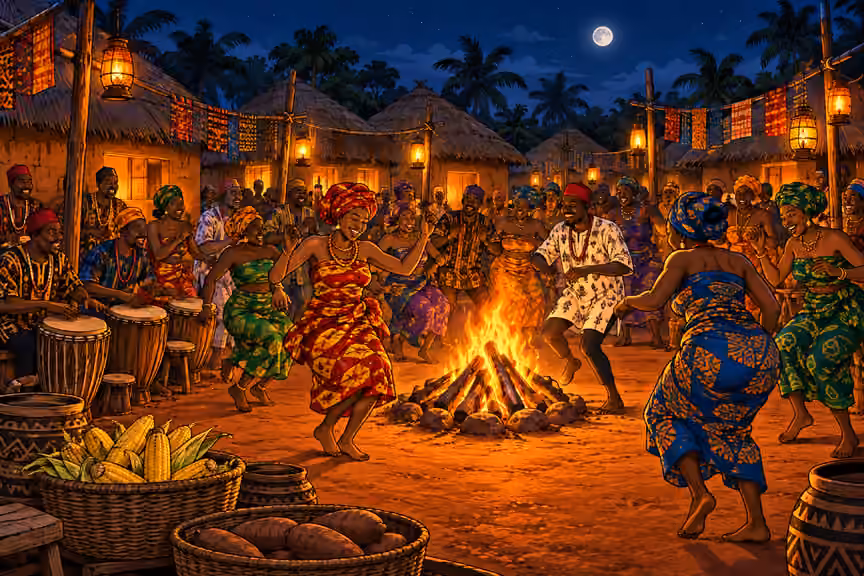 Lanterns and bonfires light the evening festival.