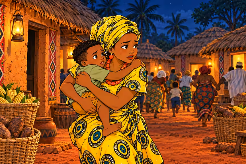 Nneka holds Obi as villagers rush for shelter.