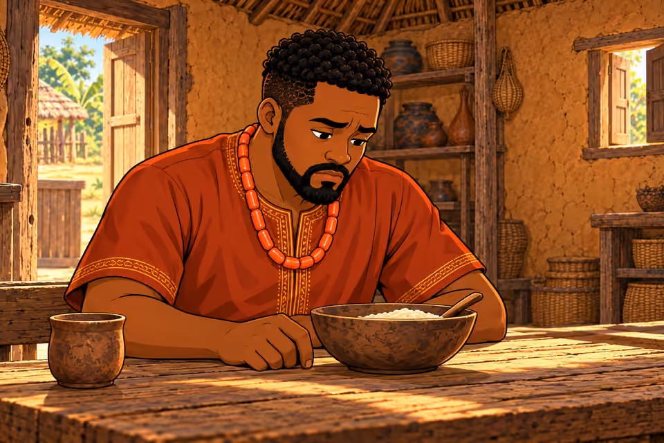 Uche stares silently at his breakfast.