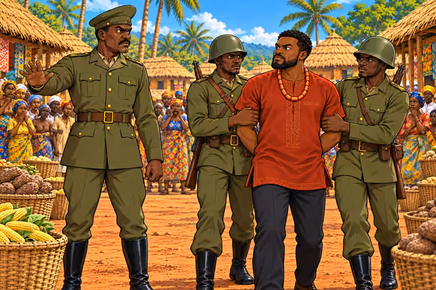 Soldiers seize Uche by both arms.