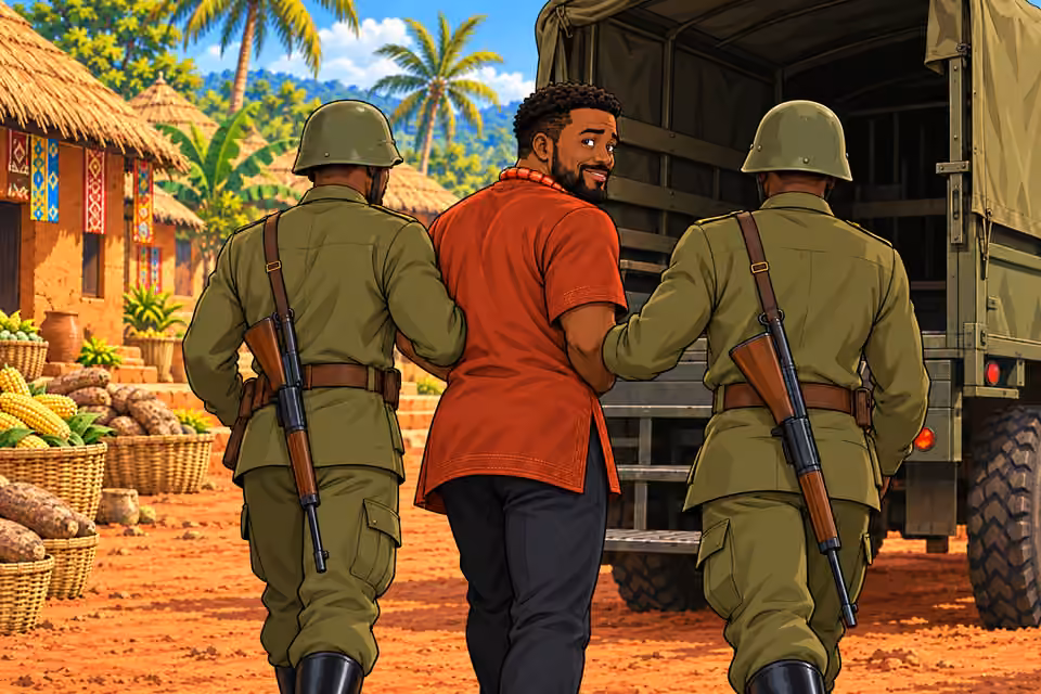 Uche looks back as soldiers take him to the truck.