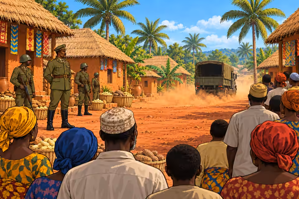 The military truck carries Uche away.