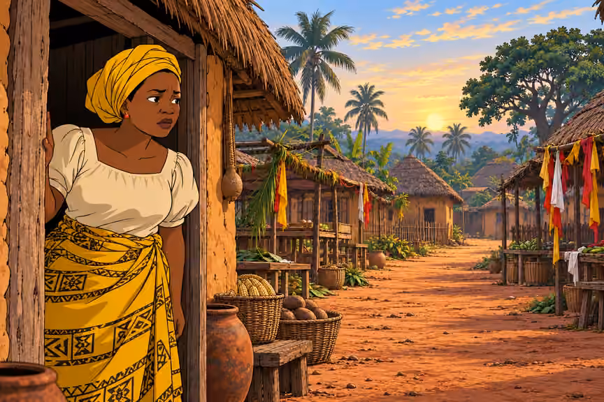 Nneka watches the hostile village from her doorway.