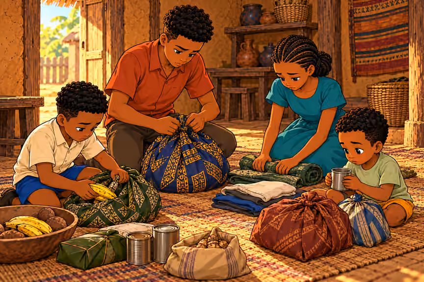 The younger children pack what they can carry.