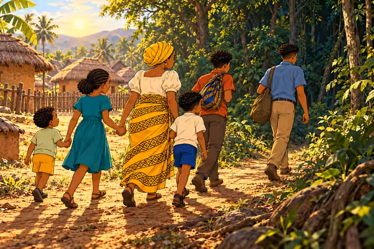 Nneka leads her five children toward the forest.