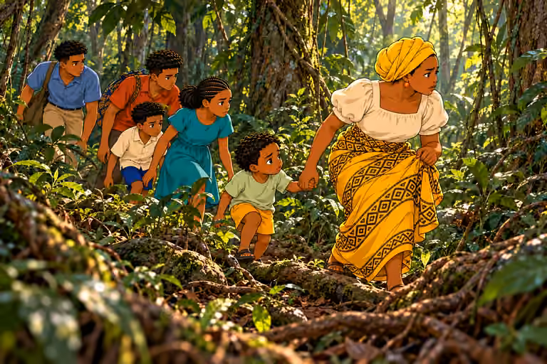 Nneka guides the children carefully through tangled forest.