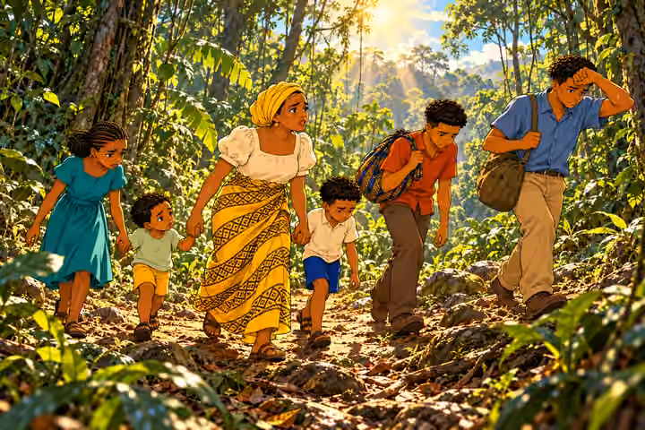 Heat and humidity exhaust the family as they travel deeper into the forest.