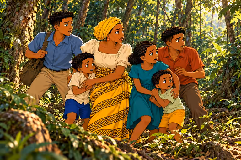 The family startles at distant gunfire in the forest.