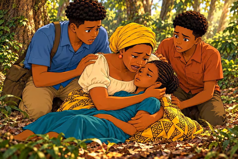 Nneka cradles Ada while Chima and Emeka look on in shock.
