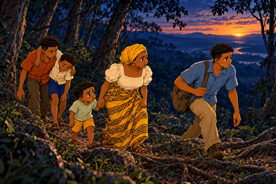 The family continues through the forest as twilight falls.