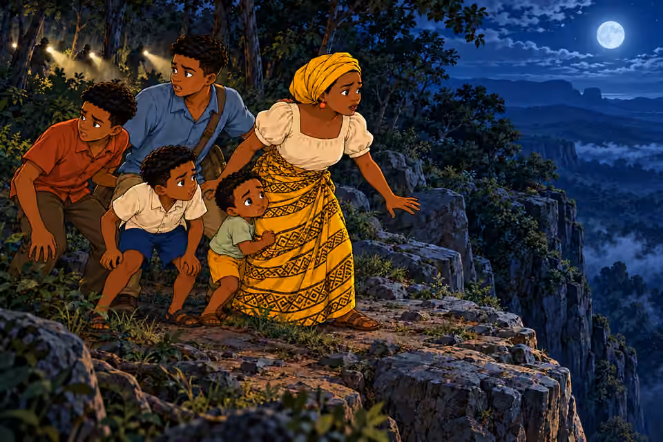 The family reaches a clearing beside a cliff as pursuing flashlights approach.