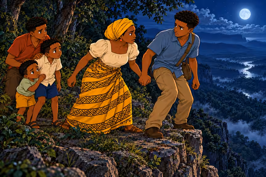 At the cliff edge, Nneka grips Chima’s hand and resolves that they must jump together.