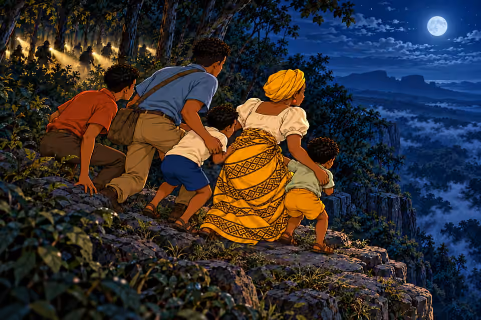 The family braces at the cliff while the pursuing soldiers draw nearer.