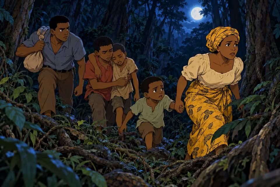 Nneka urges her surviving children deeper into the forest.