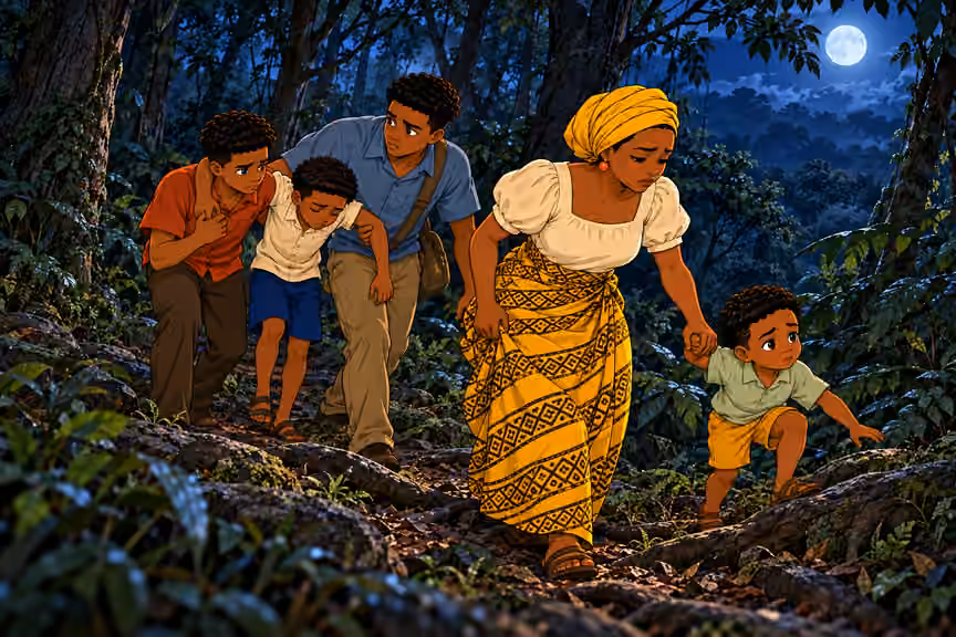 Nneka and her four sons travel through the night after escaping the cliff.