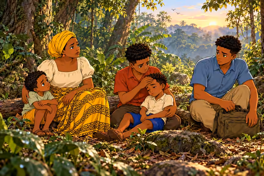 At dawn, the family finally pauses in a small forest clearing.