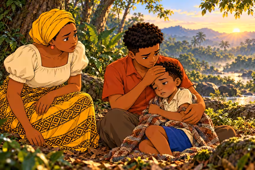 Emeka comforts Ugo as the younger boy shivers with fever.