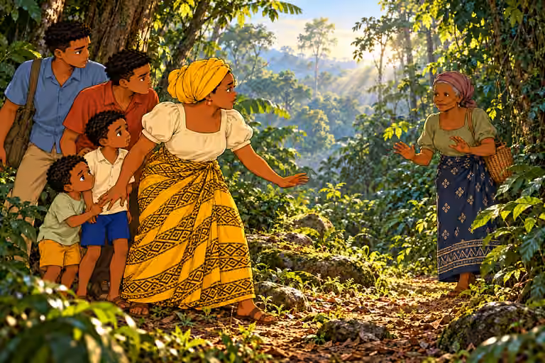 A cautious older woman emerges from the forest near the family.
