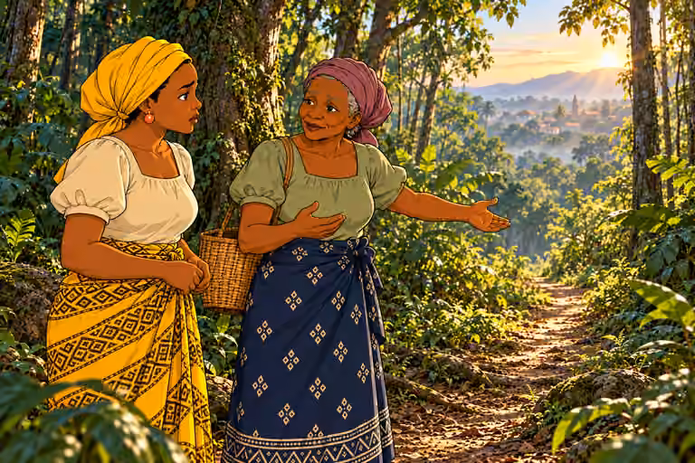 Mama Chidi points out a route toward a nearby town.