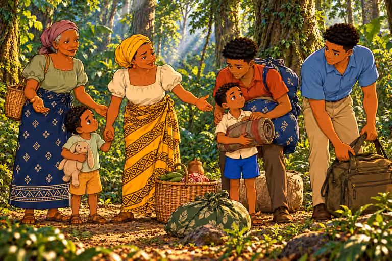 Mama Chidi encourages the family to gather their belongings and follow her.