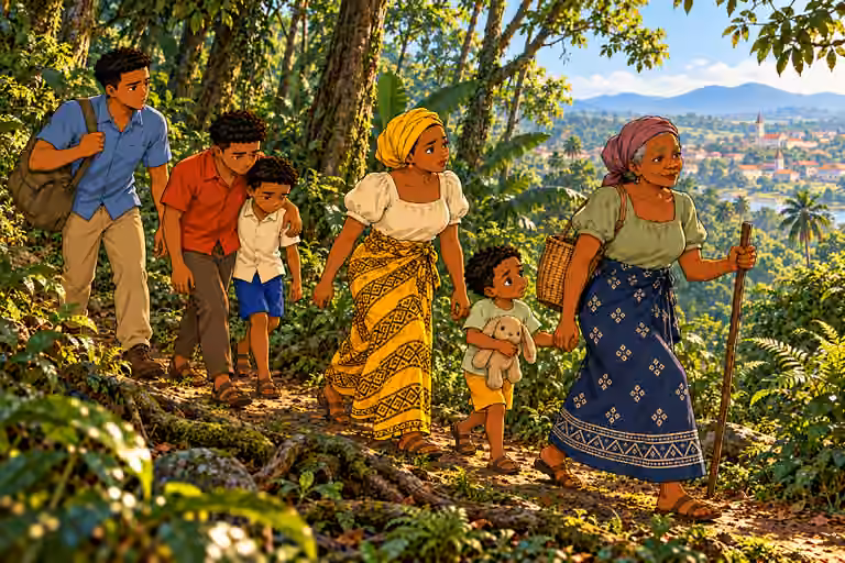 Mama Chidi guides the family along a narrow path toward town.