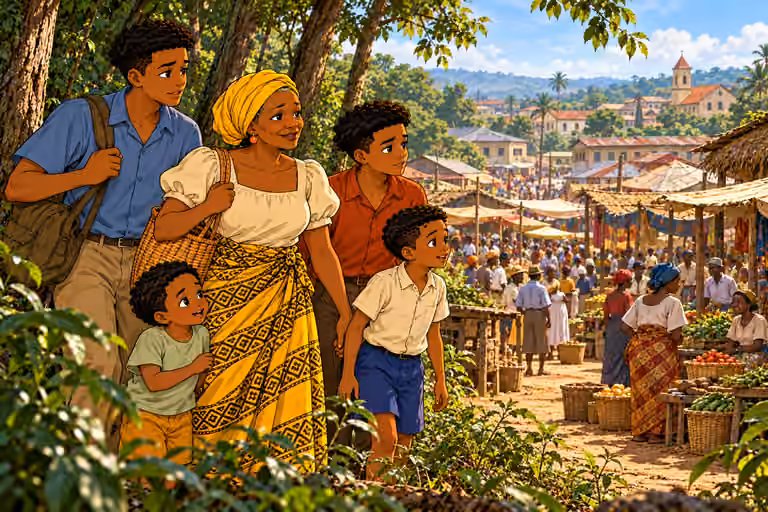 The trees thin and a bustling town market comes into view.