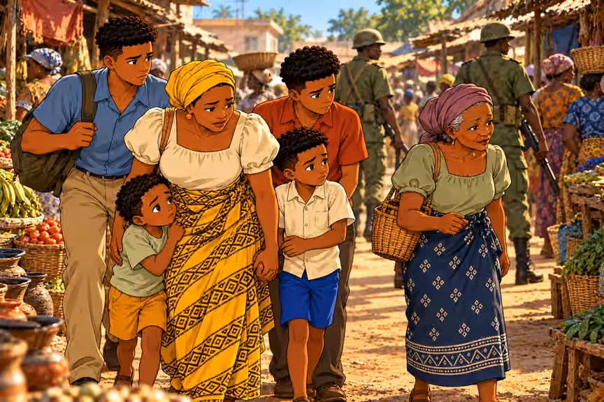 Nneka keeps the children close as they enter a market patrolled by soldiers.