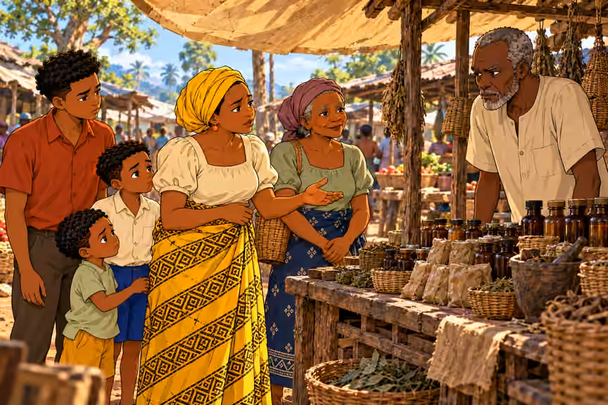 Mama Chidi brings Nneka to a suspicious elderly trader’s stall.