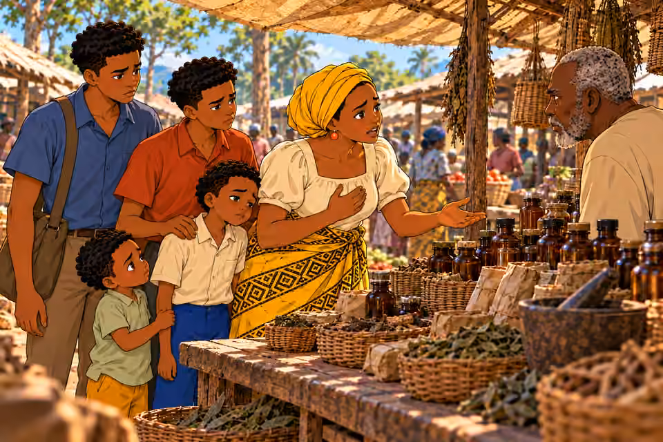 Nneka asks the trader for medicine for Ugo.