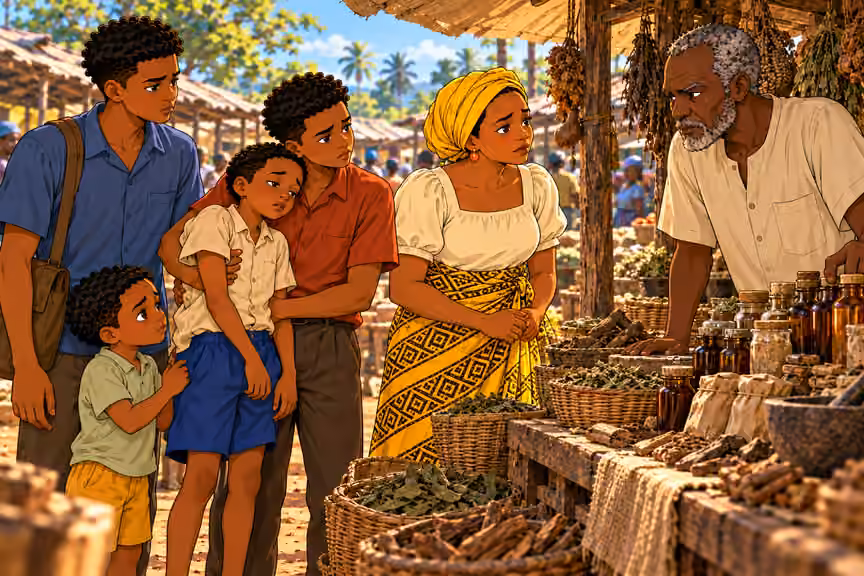 The trader assesses Ugo’s fever and warns that medicine is costly.