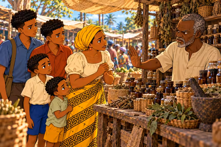 The trader refuses to give medicine without payment.