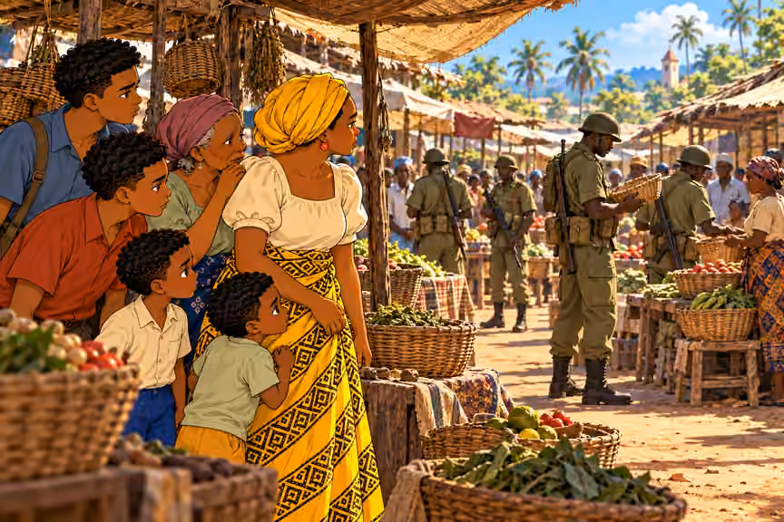 Nneka spots soldiers questioning traders across the market.