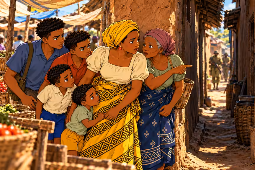 Mama Chidi warns Nneka that they must leave through a nearby alley.