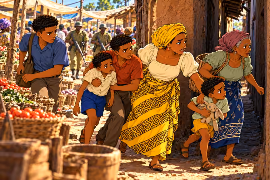 Nneka urgently gathers her FOUR sons toward the dark alley; one hand guides Obi and the other gestures onward. Mama Chidi leads at right. Emeka supports weak Ugo under his arm; Chima guards the rear. Two soldiers approaching through crowd in middle distance. N