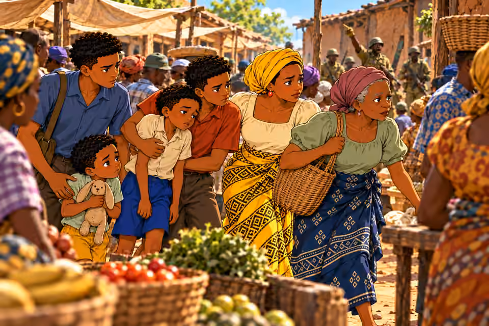 family slips quickly between shoppers, Nneka close behind Mama Chidi with anxious determined eyes, Emeka supports Ugo and Chima ushers Obi with rabbit. Distant soldier gives orders. Crowd partially screens them. No medicine yet.