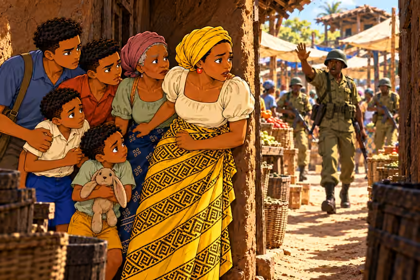Nneka freezes for a heartbeat at threshold, fear in her face as a helmeted soldier behind raises a commanding hand. Mama Chidi and FOUR sons tightly gathered nearer the alley; Emeka supports Ugo. Soldier remains several paces away. No physical net, no medicine
