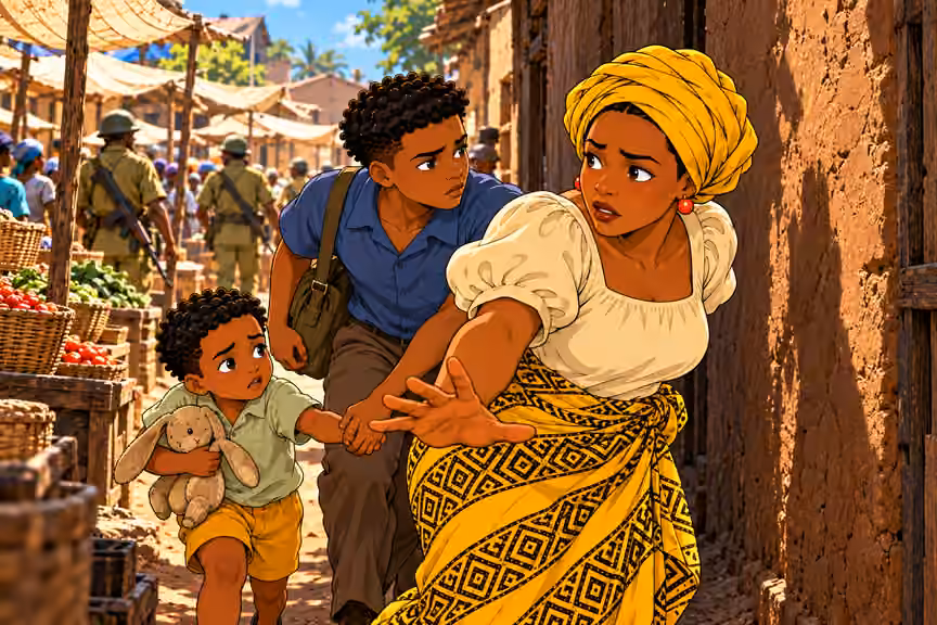 Nneka looks desperately backward while extending her palm forward to urge Chima and small Obi deeper toward alley. These are the only family members in frame; other family outside crop. Determination in eyes and tense shoulders. No ghost, memory portrait, fath