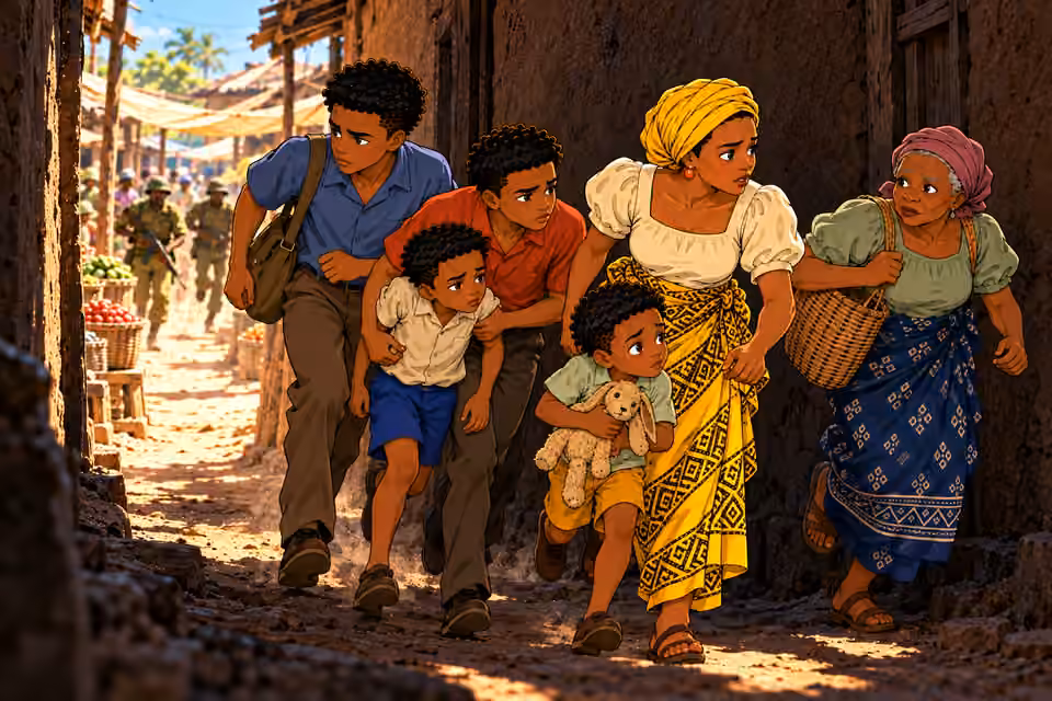 Nneka, FOUR sons and Mama Chidi hurry away from the light, silhouettes with readable familiar clothes. Emeka helps Ugo. Two pursuers still far back in sunlit marketplace. Powerful perspective, no medicine bundle.