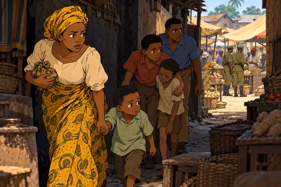 Nneka and her children slip through the market's narrow passages.