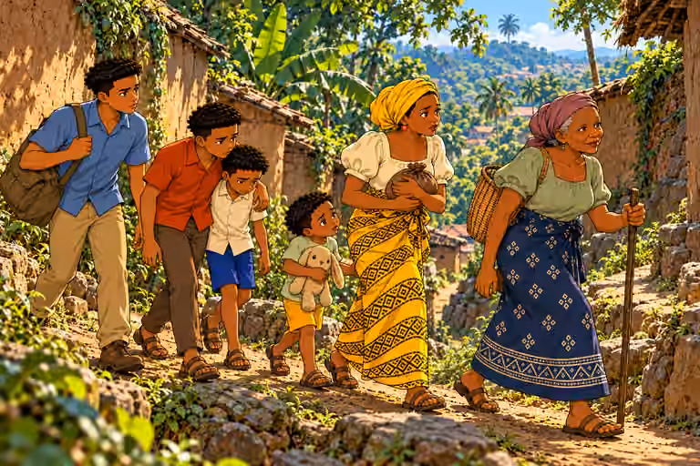 Daylight on winding narrow dirt paths behind the town, weathered earthen walls, forest canopy visible ahead. Mama Chidi leads around a bend, Nneka following close while clutching a SMALL brown-cloth bundle of medicine against her chest. Chima follows, Emeka su