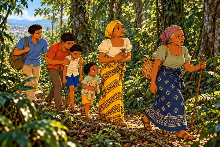 Daylight town outskirts transitioning into Remote dense tropical forest, tall tree trunks, roots, vines, layered ferns and leaf litter. NO huts, houses, cabins, fences, village, buildings, roads or settlement. All six step beneath canopy, seen obliquely from i