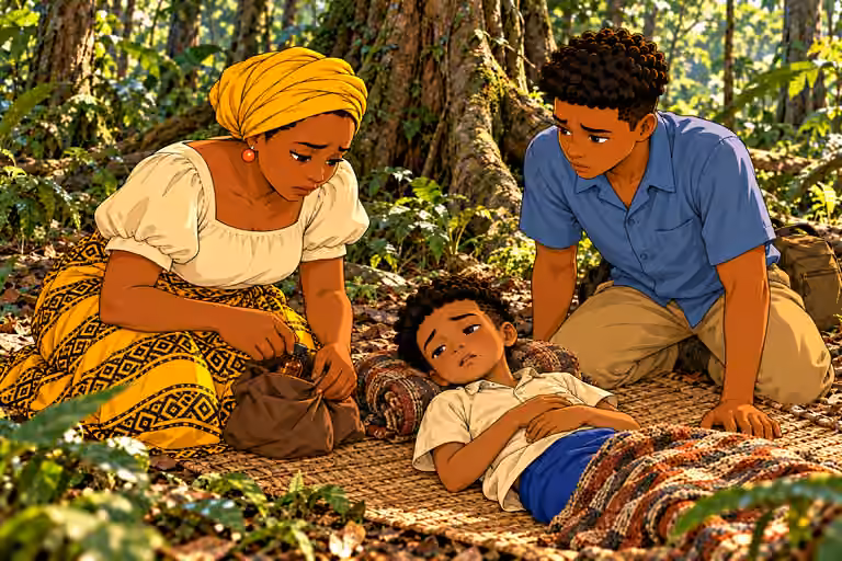 Daytime makeshift camp in Remote dense tropical forest, tall tree trunks, roots, vines, layered ferns and leaf litter. NO huts, houses, cabins, fences, village, buildings, roads or settlement. Establish new camp with a broad buttressed tree, leaf-strewn cleari