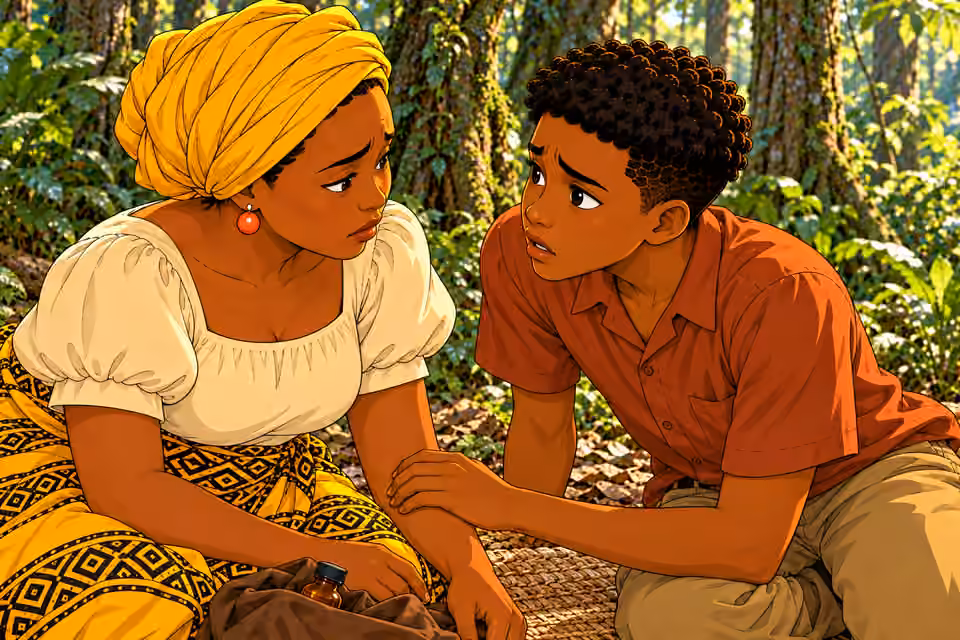 Emeka bends anxiously toward his kneeling mother and asks if his brother will survive; his face dominates foreground with parted lips, Nneka listens gravely. Only TWO people visible, Ugo outside frame, no extra children. Mat edge and amber medicine bottle can 
