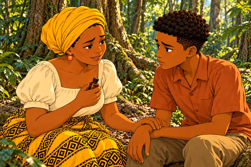 Daytime camp at buttressed tree in Remote dense tropical forest, tall tree trunks, roots, vines, layered ferns and leaf litter. NO huts, houses, cabins, fences, village, buildings, roads or settlement. Medium portrait of Nneka forcing a fragile reassuring smil