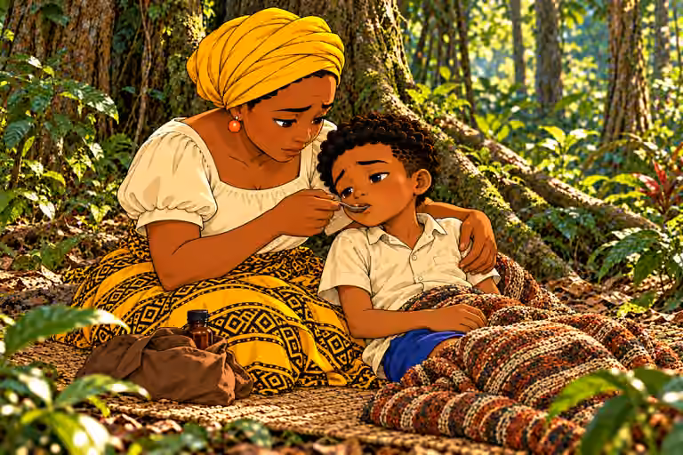 Nneka sits beside Ugo on ground, carefully supports his shoulders with one arm and gives him medicine from a small spoon held naturally at his lips. Ugo is conscious and swallowing, sitting slightly propped, weak7-year-old not infant. Unlabeled amber bottle an